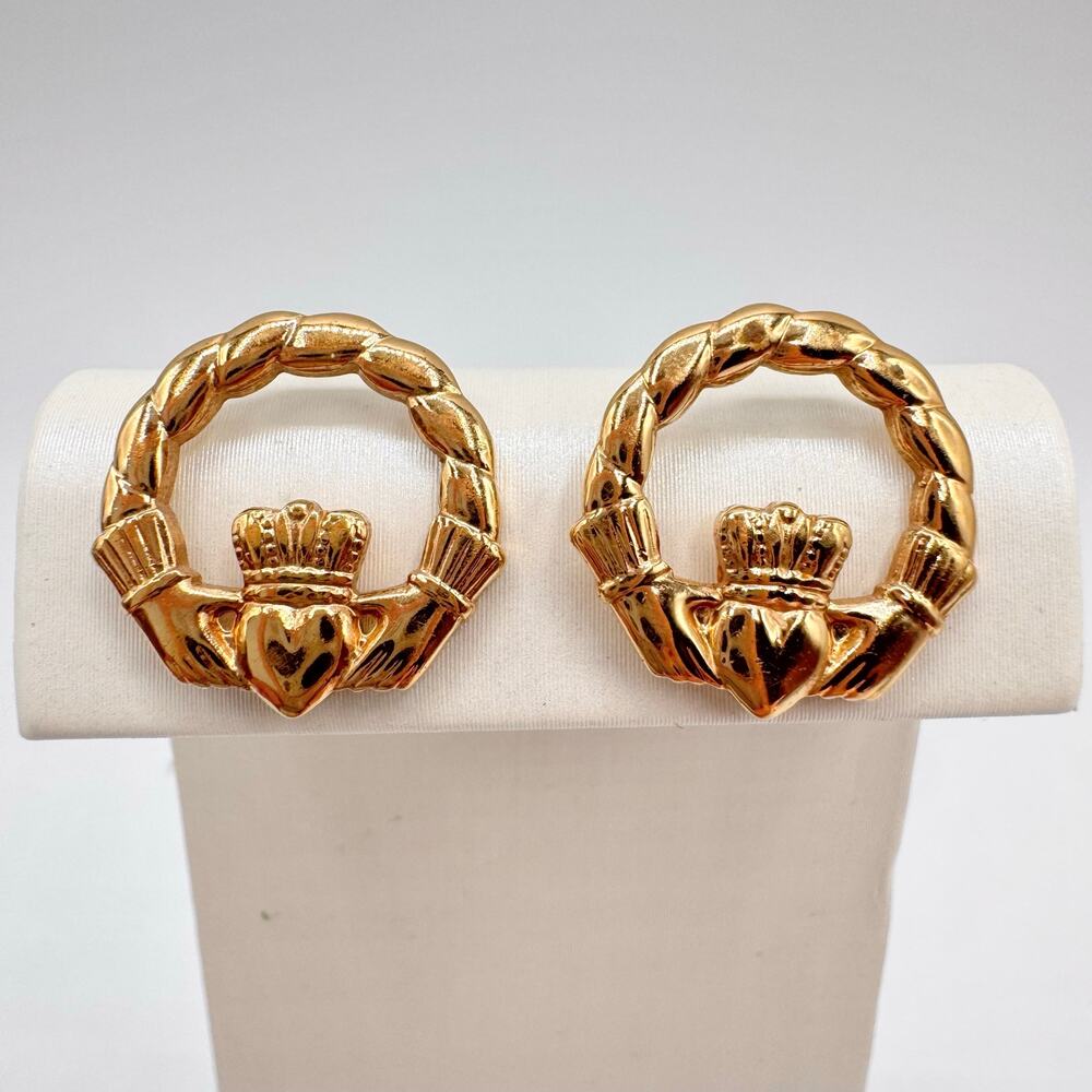 Claddagh Stud Earrings Gold Tone Irish Love Friendship Loyalty Signed SD